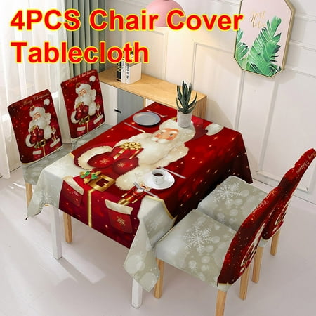 

5 Pcs Christmas Tablecloth and Chair Covers Set Dining Room Christmas Decorations 140 x 140 cm Rectangle Xmas Table Cloth Decorative Table Cover Washable Xmas Printed Chair Protectors Covers