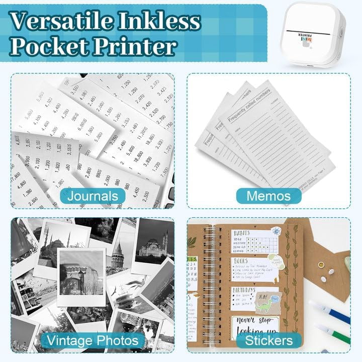 Banral Portable Inkless Bluetooth Pocket Printer, Mini Sticker Maker with 13 Paper Rolls for DIY Labels, Journaling, iPhone Android Phone Tablet Compatible