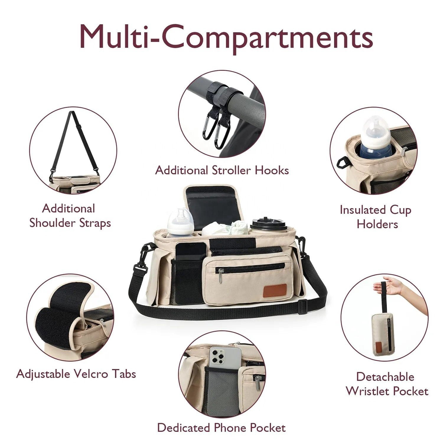 Momcozy Universal Stroller Organizer Multi-functional 3 in 1 Insulated, Adjustable Set with Detachable Phone Bag & Shoulder Strap, Khaki