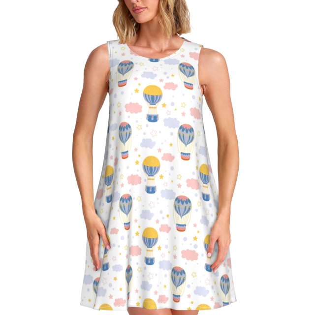 Fotbe Hot Air Balloon Vestido de Verano sin Mangas para Mujer – Vestido Midi Línea A, Estilo Camiseta Floral, Vestido Playero Casual y Fluido