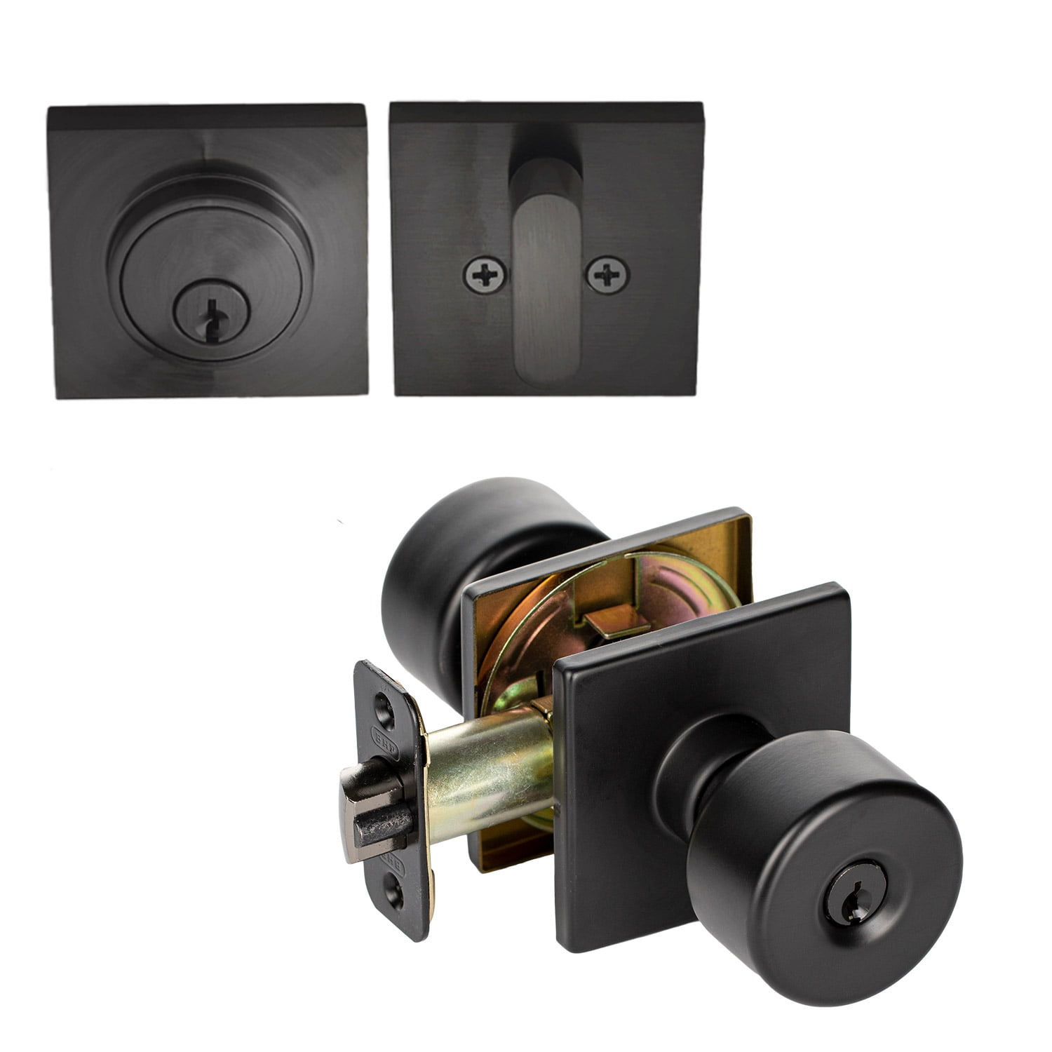 Matte Black Flat Keyed Entry Door Knob / Deadbolt Combo Pack with Square Rose