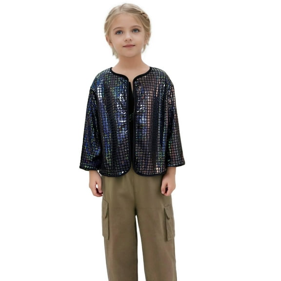 Mkndvns Girls Shiny Sequin Jacket Long Sleeve Lightweight Jackets Coat Club Party Tops Casual Trendy Soft