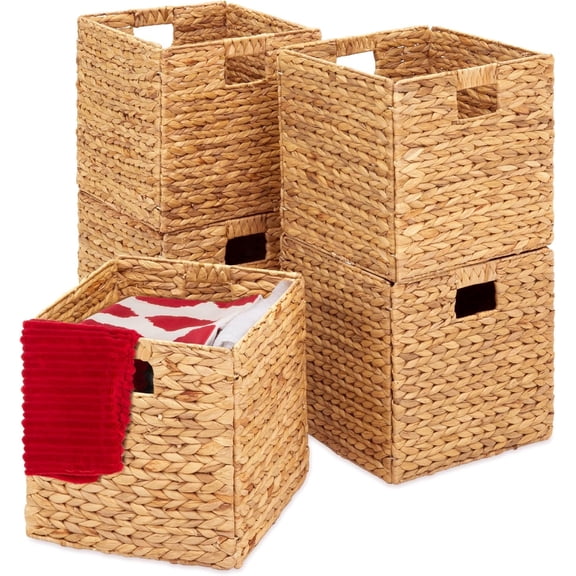 13x13in Pack of 5 Cube Storage Baskets, Water Hyacinth Multipurpose Collapsible Organizers, Handwoven Laundry Totes for Laundry, Living Room