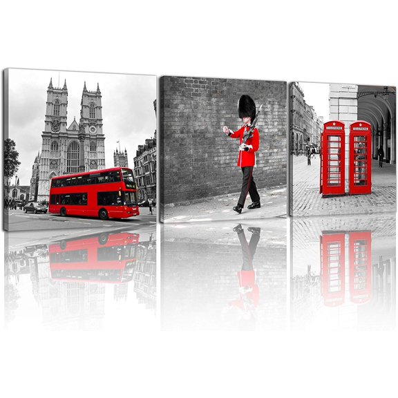 3 Pcs Modern Giclee Canvas Prints London Black and White with Red Bus Union Jack British Guards Poster Telephone Booth Paintings on Canvas Stretched and Framed Ready to Hang for Home Decor