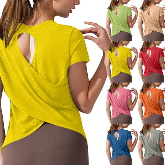 Yoga Workout Short Sleeve Tees for Women Crewneck Ruched Back Cutout Loose Tunic Tops Lightweight Quick Dry Athletic Shirts Activewear Yellow