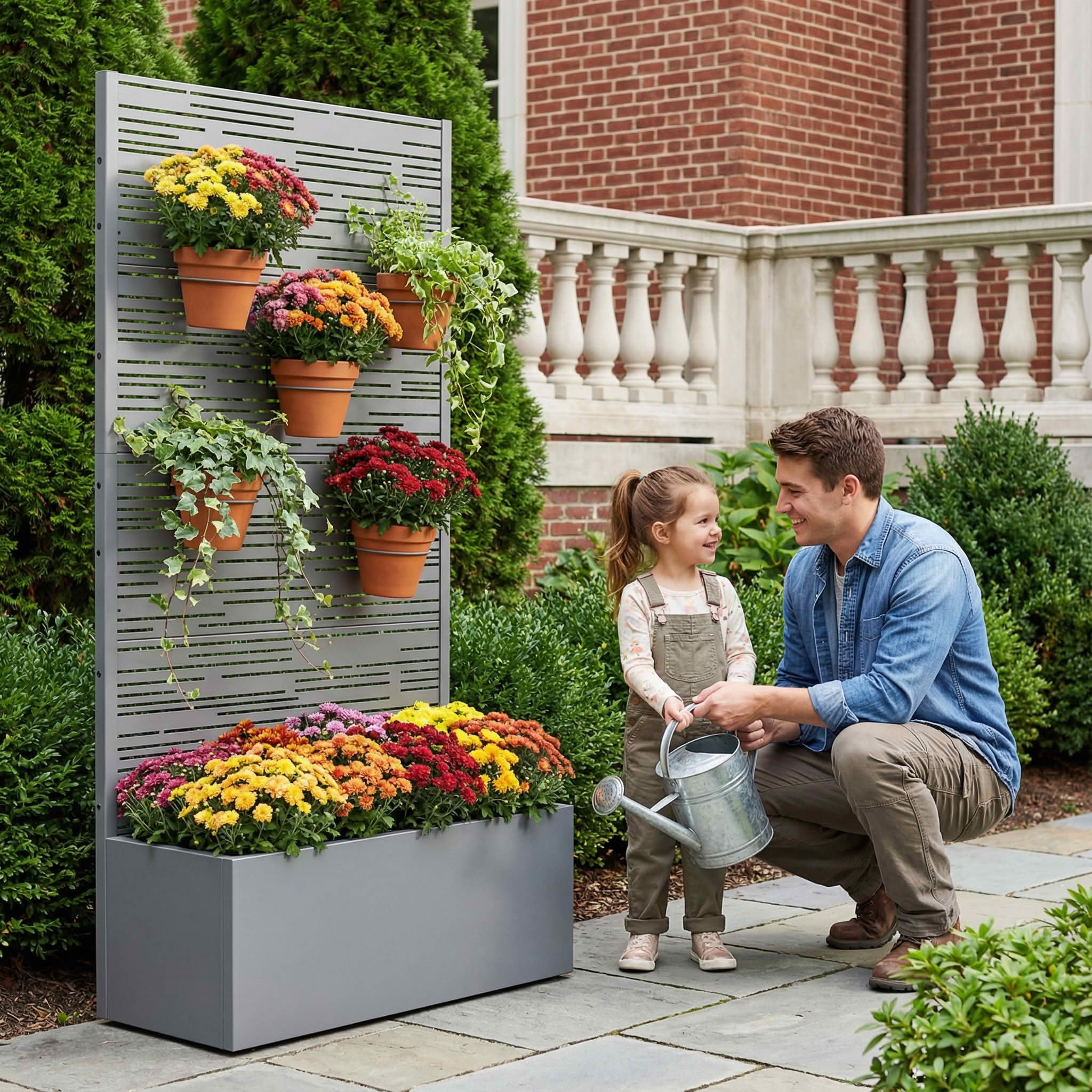 MAYEERTY 59X30" Metal Outdoor Gray Privacy Screen with Planter Box for Backyard & Garden, 4 Piece Set