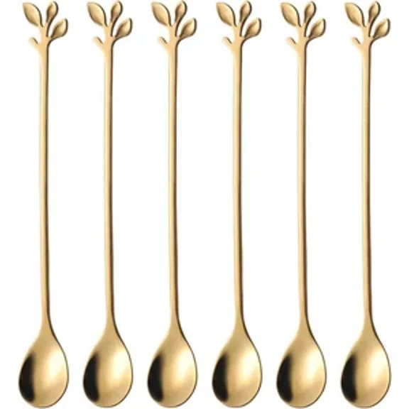 Set Of 6 Long Handle Gold Tea Spoons 7.4 Inch Ice Cream Coffee Stainless Steel