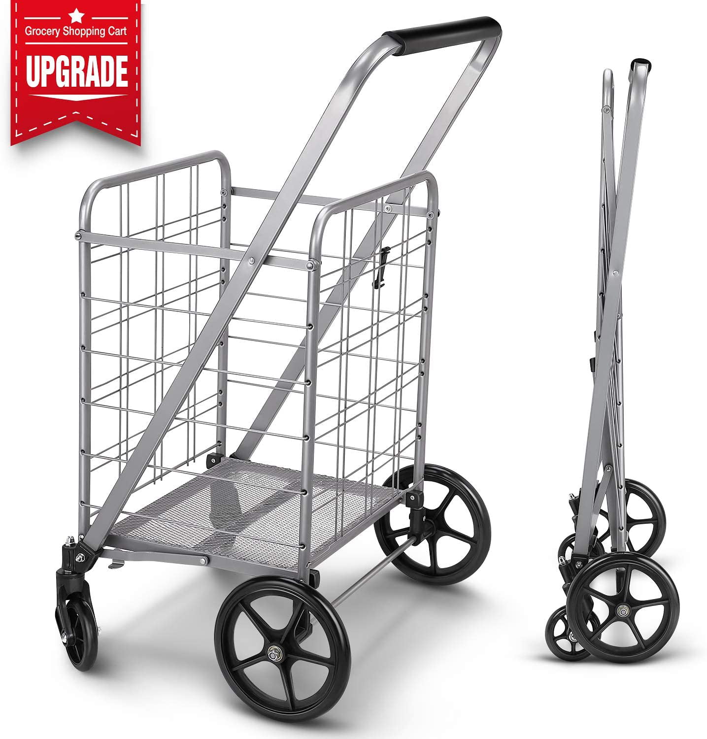 Mesh Rolling Shopping Cart Folding 4-Wheeled Grocery Basket Portable Storage 