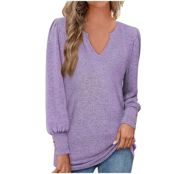 YeJammarp Womens Long Sleeve Tops Soft Fleece V Neck Sweatshirts Pullover Button Decor Elegant Trendy Casual Sweater (XL, Purple)