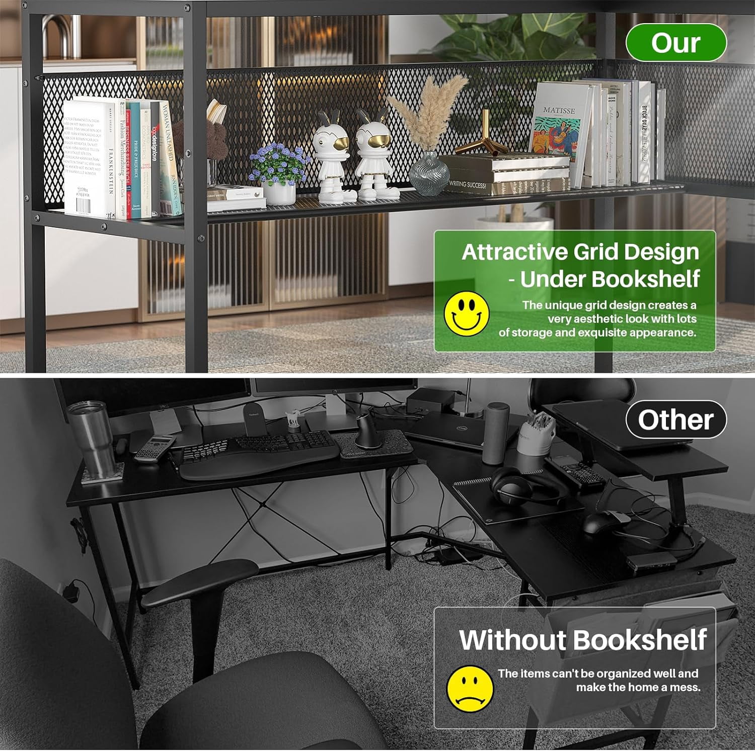 iSunirm L Shaped Computer Desk, Corner L Shaped Desk with Power Outlet and LED Light Strip, Reversible L Desk with Monitor Stand, Ergonomic 2 Person Office Desk for Home and Office, Rustic Oak