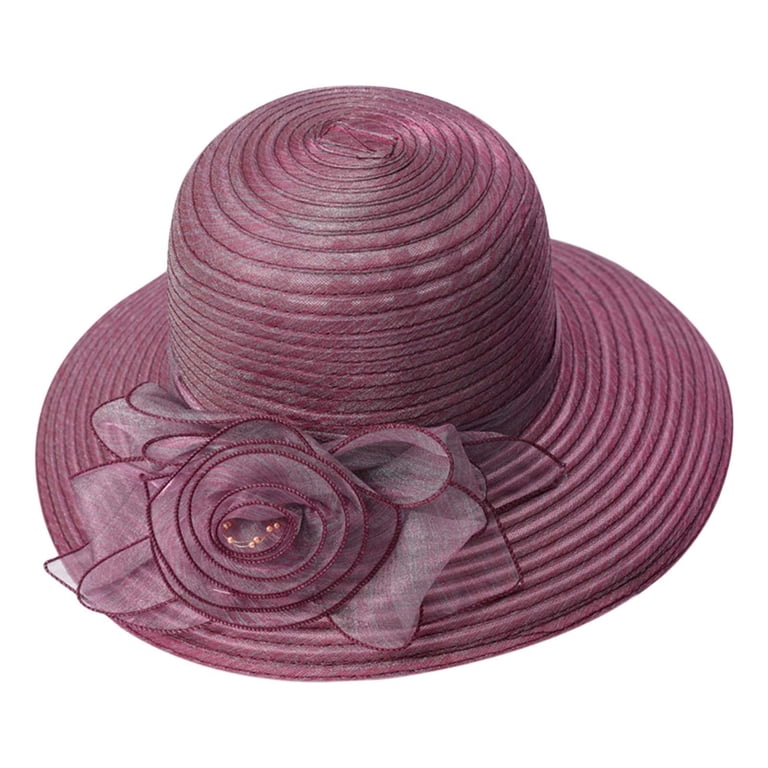 Women\'s Kentucky Organza Sun Hat Summer Derby Hat Bowler Church Fascinator Burgundy Organza Kentucky Derby Hat(m4): Red Feather Flower  main image 4