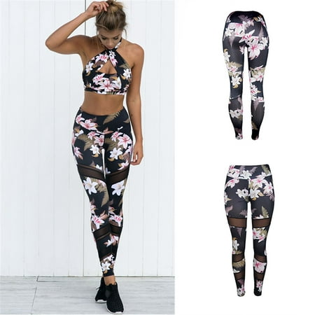 Women Sexy Plant Print Splicing Mesh Skinny Sports Yoga Pants Fitness Leggings Running Gym Exercise Sports Floral Trousers