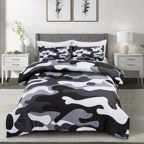 Btargot 3PCS Gray Camo Comforter Set Queen Boys Kids Soft Adventure Camouflage Queen Bedding Set