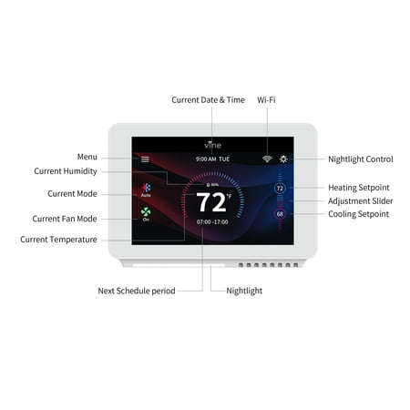 Vine Wifi Home Thermostat Smart TJ-919E Programmable C-Wire Required with Nightlight