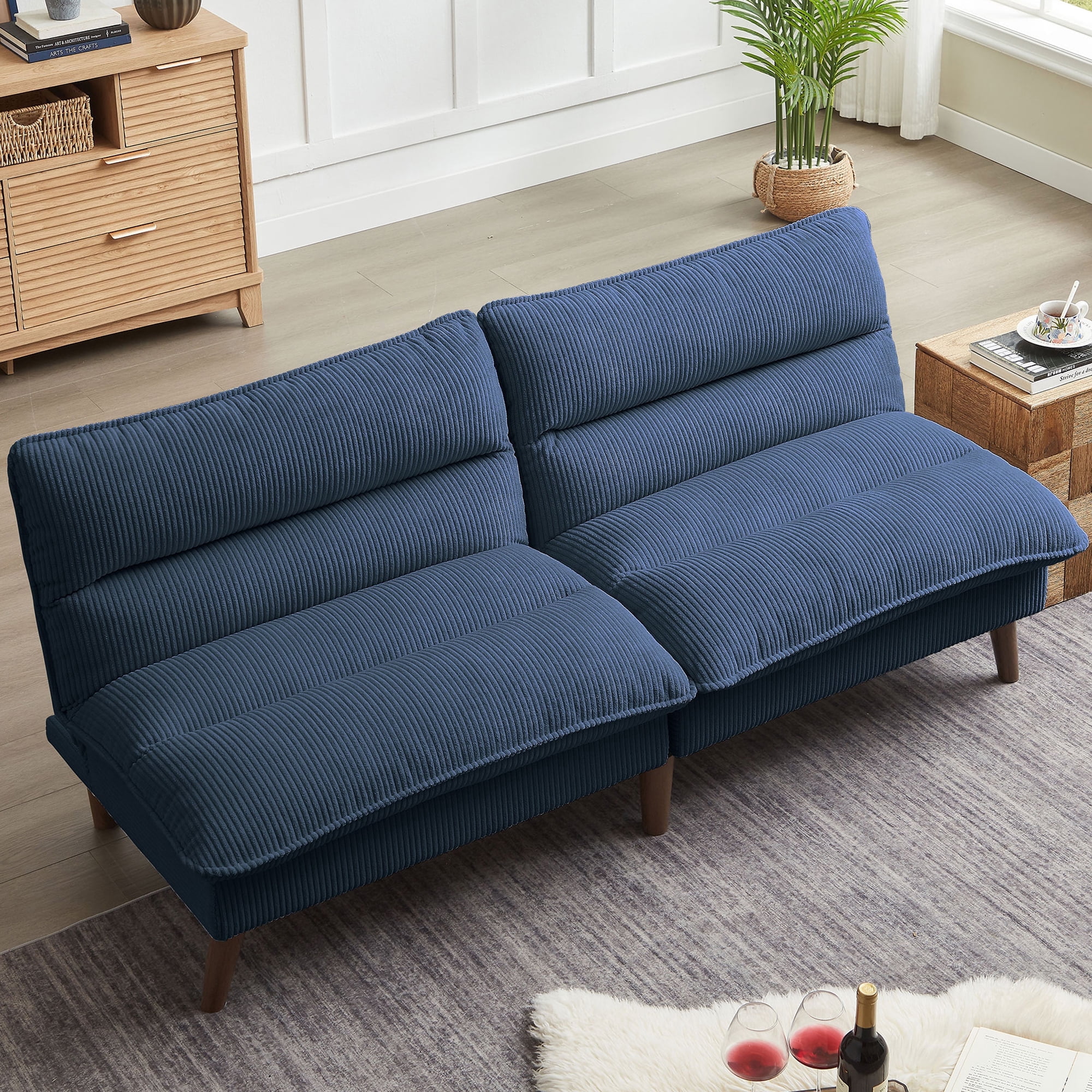 Jarenie Chireca 72" Futon Sofa Bed, Convertible Futon Couch with Adjustable Backrest, Modern Corduroy Futon Sleeper Sofa for Small Spaces, Living Room, Office, Blue