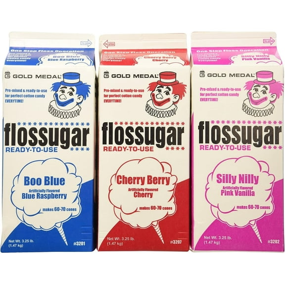 Cotton Candy Floss Sugar 3-Pack – Pink Vanilla, Blue Raspberry & Cherry Berry – For Cotton Candy Machines, 3 Flavors, 3 Bottles
