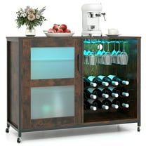 Gymax Wine Bar Cabinet w/ Wheels LED Lights Storage Shelves Glass Holders Wine Racks