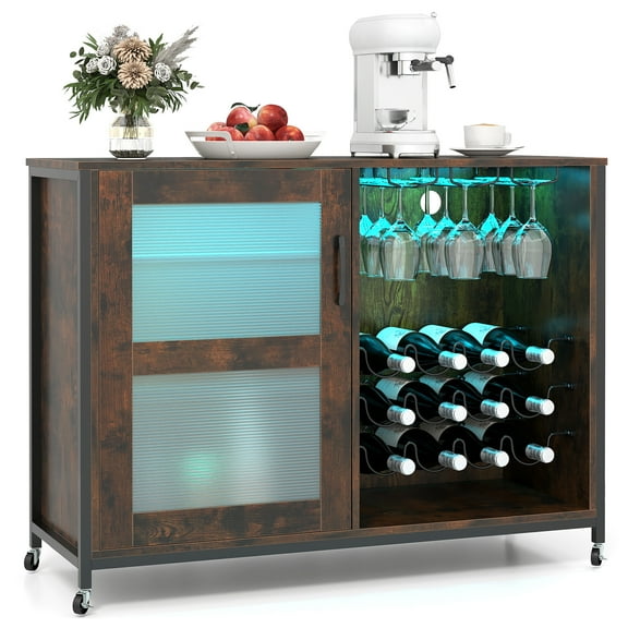 Gymax Wine Bar Cabinet w/ Wheels LED Lights Storage Shelves Glass Holders Wine Racks
