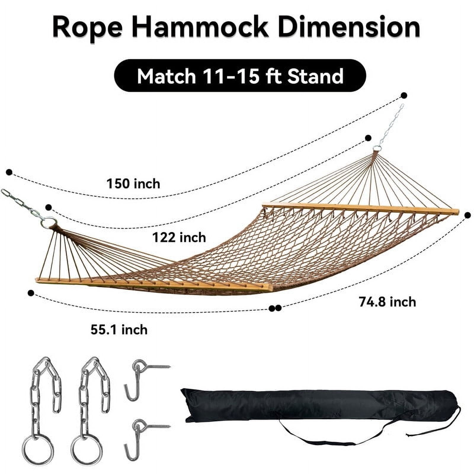 KEESTP Comfort 2 Person Cotton Rope Hammock, 500lb Capacity,Portable Hammocks for Camping Outdoor/Indoor Patio Backyard - Brown