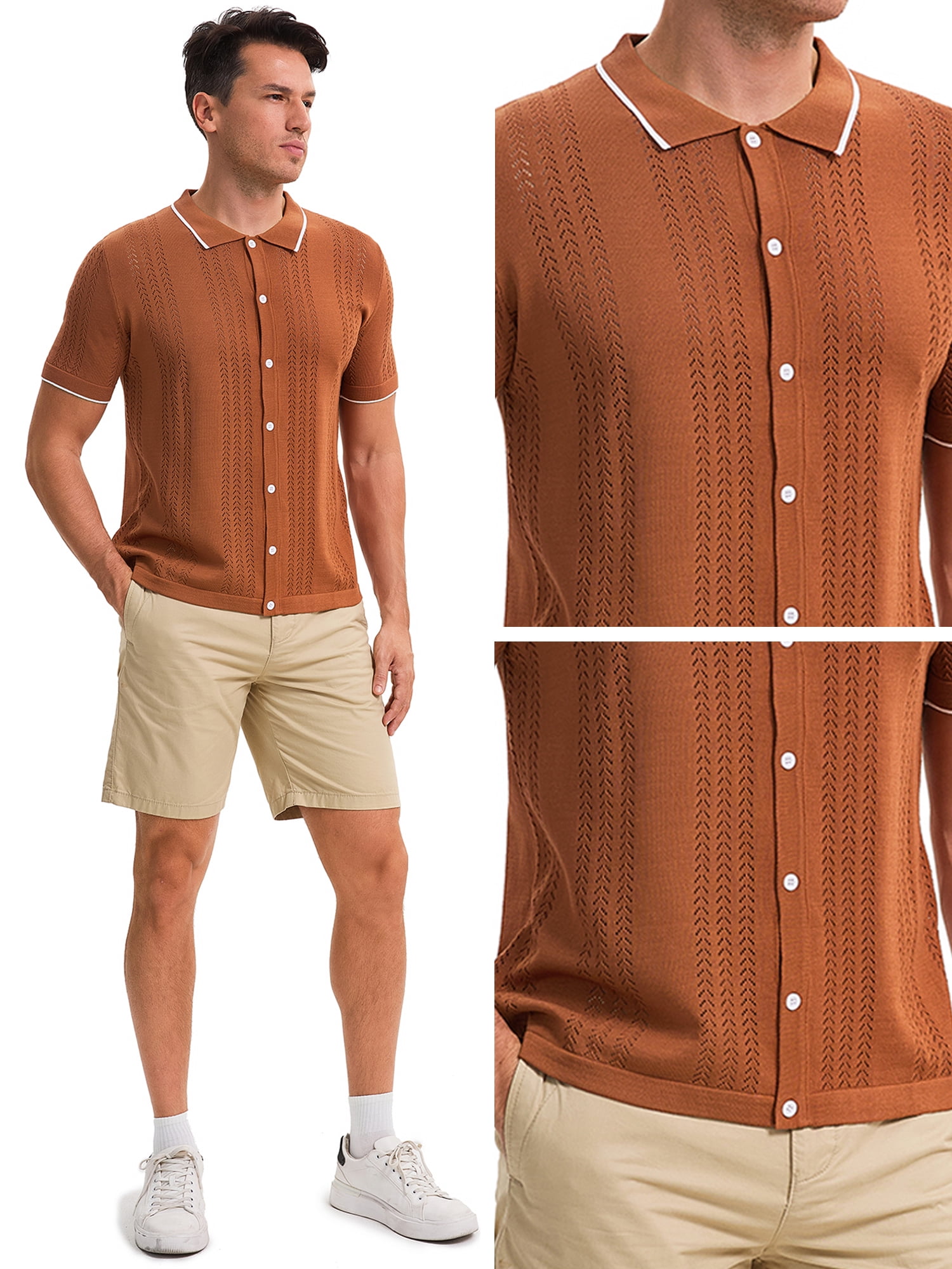 DARING DIVA Men's Knit Button Down Casual Vintage Short Sleeve Polo Shirt XXL Brown