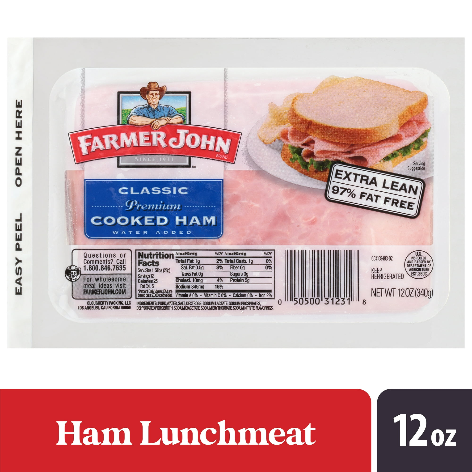 Farmer John Classic Cooked Ham, 12 oz, Sliced Deli Meat in Easy Peel Package