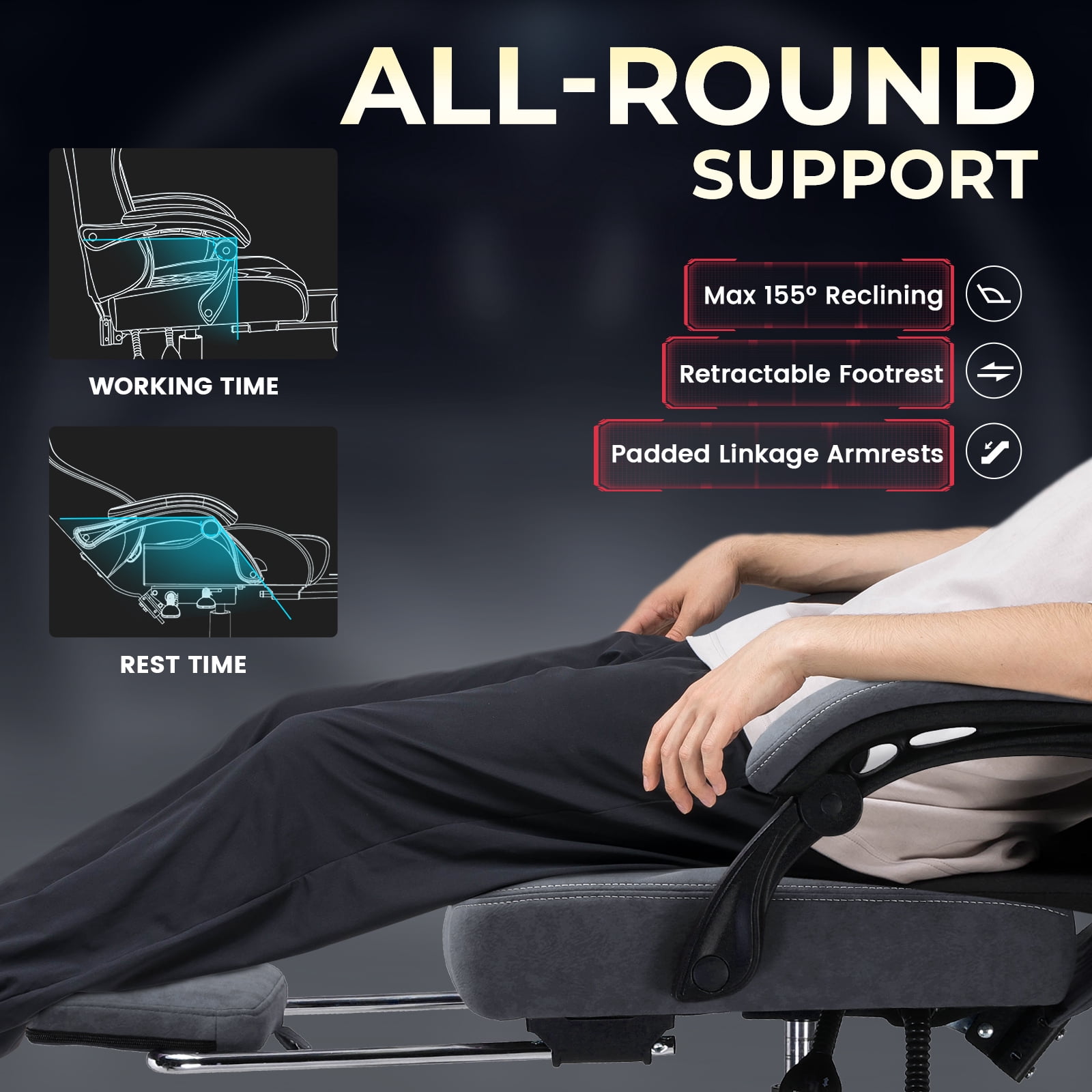 GTPLAYER Big and Tall Ergonomic High Back Breathable Fabric Gaming Computer Chair with Strong Lumbar Support and Footrest, Gray