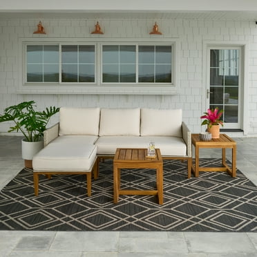 Better Homes & Gardens Outdoor Davenport 5pcs Sofa Lounger with Two Acacia Wood Table with Cushions - White