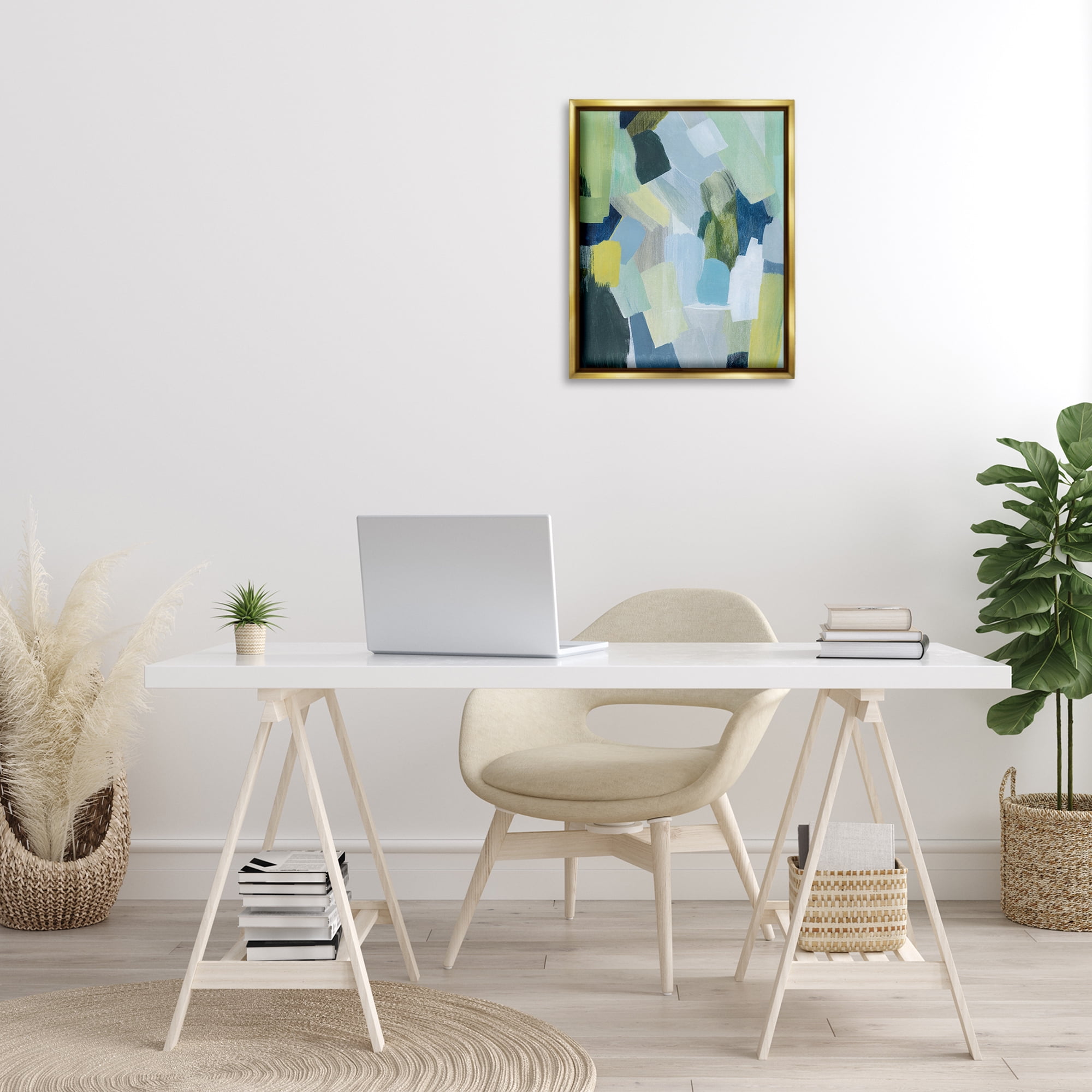 Stupell Industries Layered Green Brush Strokes Abstract Painting Gold Floater Framed Canvas Art Print Wall Art, 17 x 21