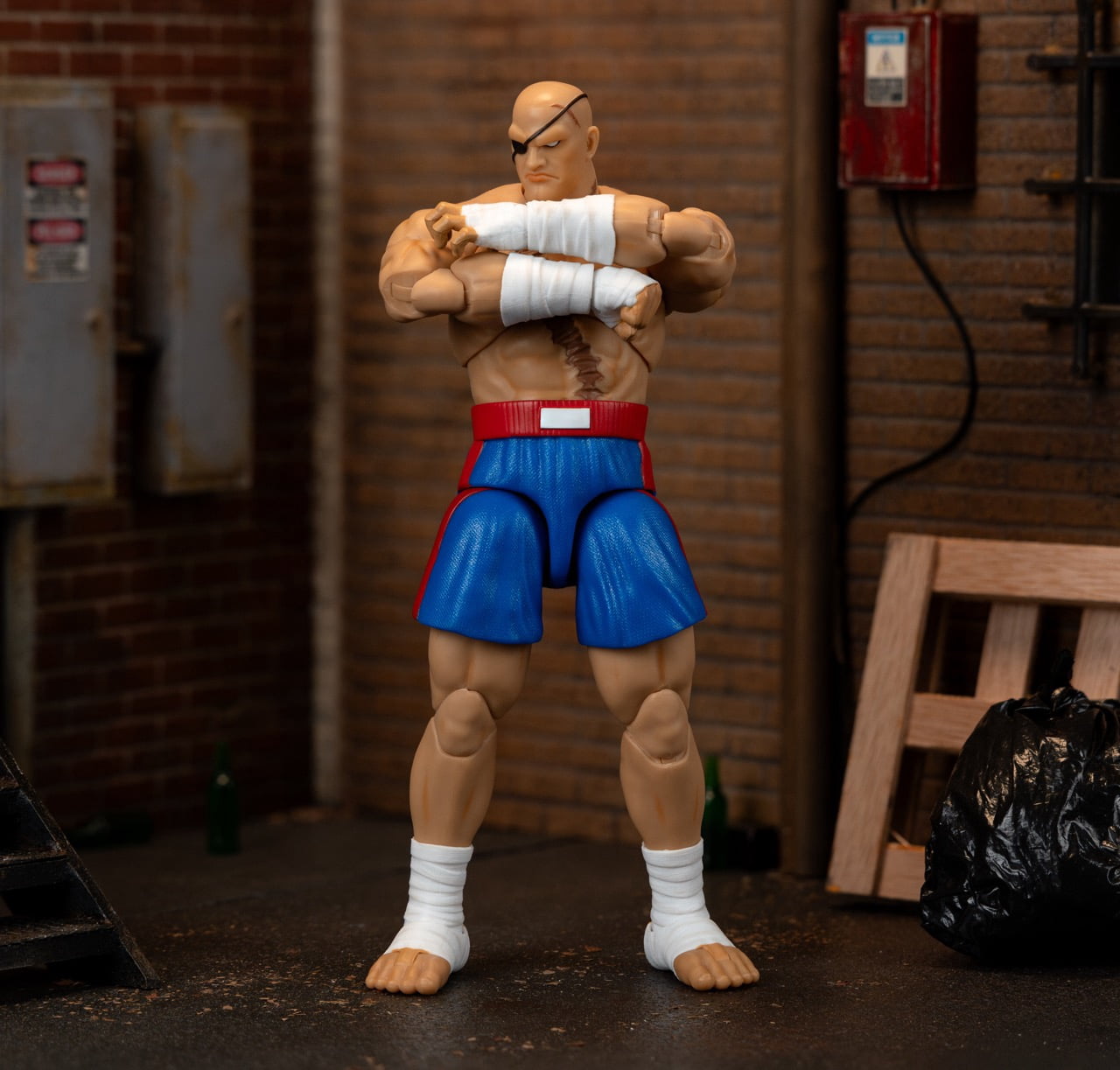 Street Fighter II Sagat Deluxe 1:12 Scale Action Figure by Jada Toys - Highly Articulated, Tiger Shot Accessory & Stand, 7.6" Tall