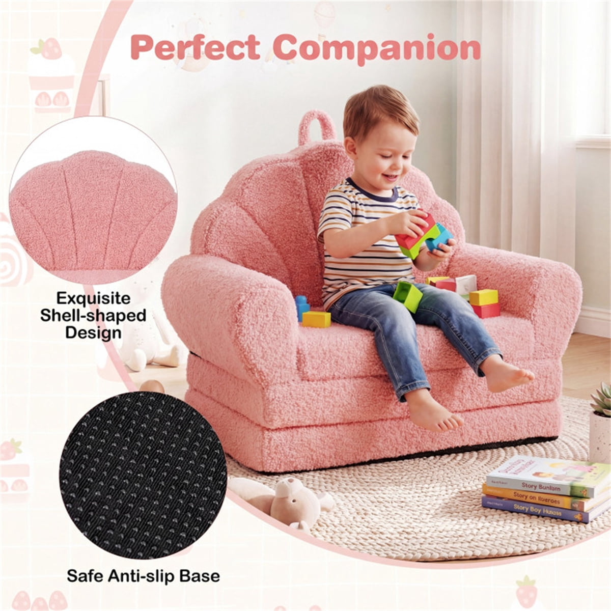 2-in-1 Flip Open Kids Sofa Lounger, Teddy Fleece Toddler Couch with Carry Handle, Converts from Sofa to Lounger, Removable Washable Cover, for Ages 3-8 (Pink)