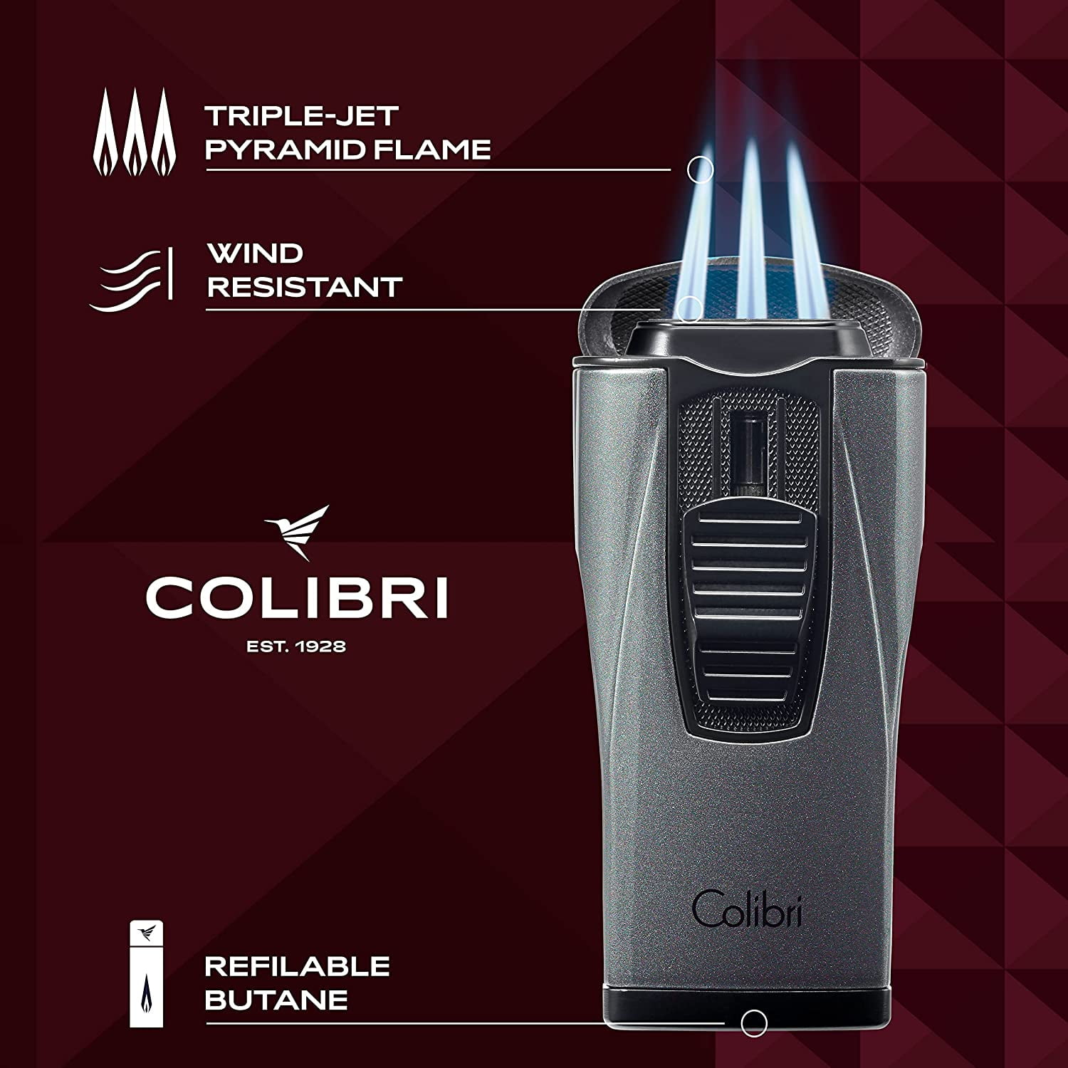 Colibri Monaco Triple Jet Flame Lighter - Windproof & Refillable, Cigar Enthusiast's Choice with Blue Fuel Window and Adjustable Flame (Metallic Charcoal)