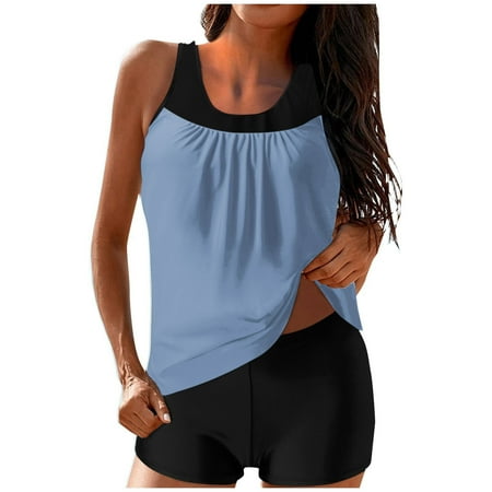 ZQGJB Tankini Swimsuits for Women Two Piece Bathing Suits Mesh Patchwork Blouson Tank Top with Boyshorts Tummy Control Modest Swimsuits(Light Blue L)