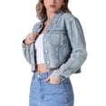 thumbnail image 4 of Chaqueta de mezclilla recortada de manga larga con dobladillo deshilachado para mujer INSPIRE CHIC XL azul claro, 4 of 5