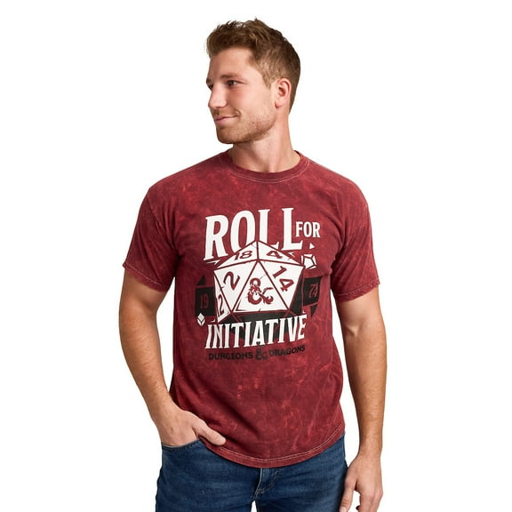 Dungeons & Dragons Roll For Initiative Men's Maroon Mineral Wash Crew Neck Short Sleeve T-shirt-Small