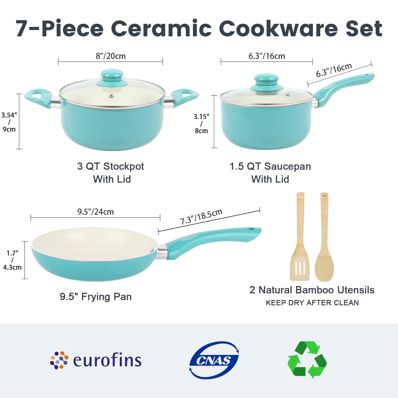M MELENTA Pots and Pans Set, 7pcs Nonstick Ceramic Induction Kitchen Cookware Set, Non Stick Cooking Sets, Turquoise