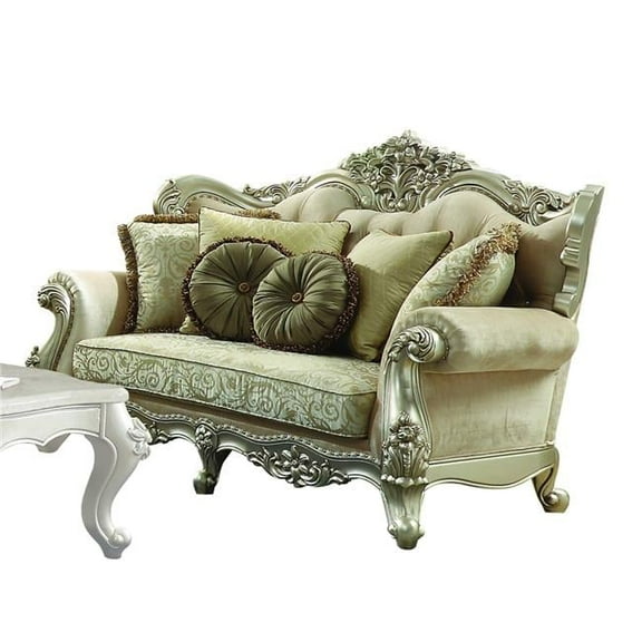 HomeRoots 41 x 72 x 49 in. Fabric Champagne Upholstery Wood Leg & Trim Loveseat with 5 Pillows