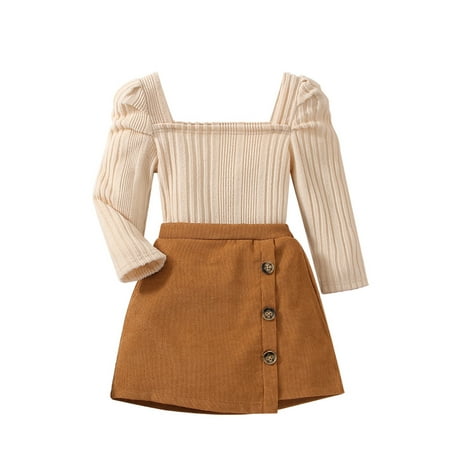 

Diconna Toddler Kids Girls Clothes Suits Long Sleeve Tops Buttons Elastic Waist Skirts 2Pcs Set Outfits Apricot Brown 5 Years