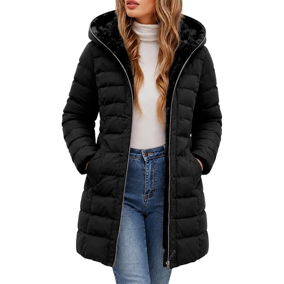 Horkkom Puffer Jacket Womens Winter Zip Up Fleece Lined Long Jacket Warm Soft Hooded Jacket with Pockets M