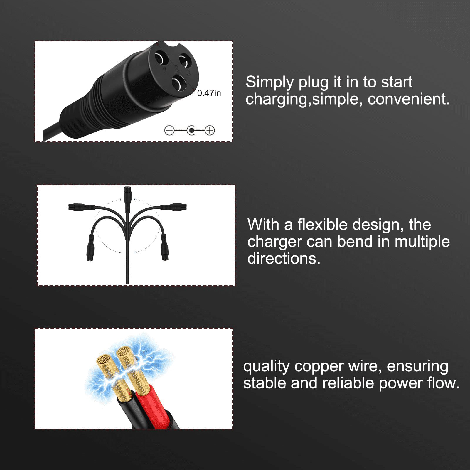 24V 1.5A 3-Prong Charger 6.6FT Cord for Razor E100 E200 E300 Ride-On Toys