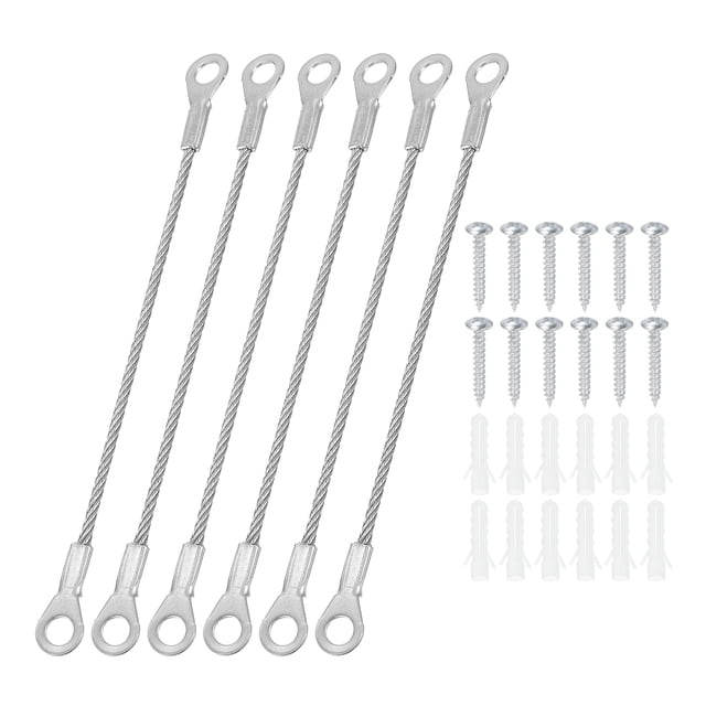 Stainless Steel Lanyard Cable with Eyelets 0.08" x 4" 2mm x 10cm Lock Security Wire Rope with Mounting Screws, 6 Pack