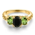 thumbnail image 3 of Gem Stone King 18K Yellow Gold Plated Silver Black Onyx and Green Peridot Filigree Style 3 Stone Ring for Women (2.60 Cttw, Oval 8X6MM and 6X4MM) (Size 6), 3 of 6