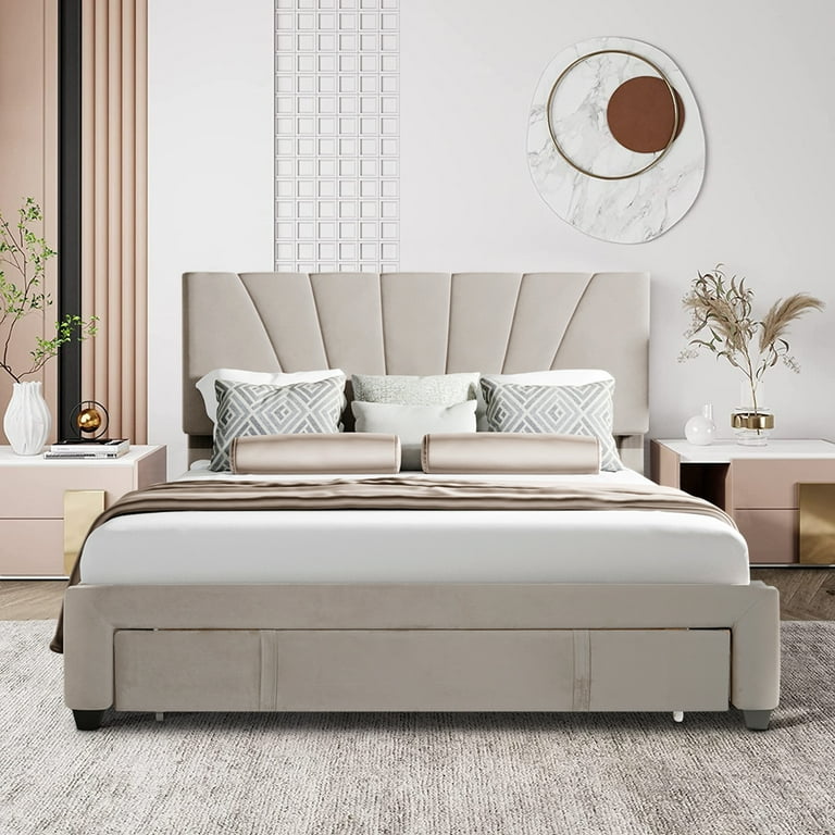 Velvet Upholstered Bed Frame BTMWAY Contemporary Queen Bed Frame with Storage Drawers Headboard Slatted Support Platform Bed Modern Bedroom Furniture Beige A6652 Walmart