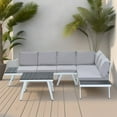 thumbnail image 2 of Industrial 5-Piece Aluminum Outdoor Patio Furniture Set, Modern Garden Sectional Sofa Set with End Tables, Coffee Table and Furniture Clips for Backyard, White+Grey, 2 of 9