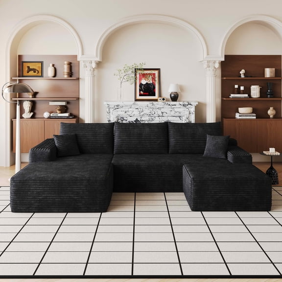 MAYEERTY 107" Cloud U-Shaped Sectional Sofa with 1 Ottoman, Plush Corduroy Deep Seat Modular Couch, No Assembly for Living Room