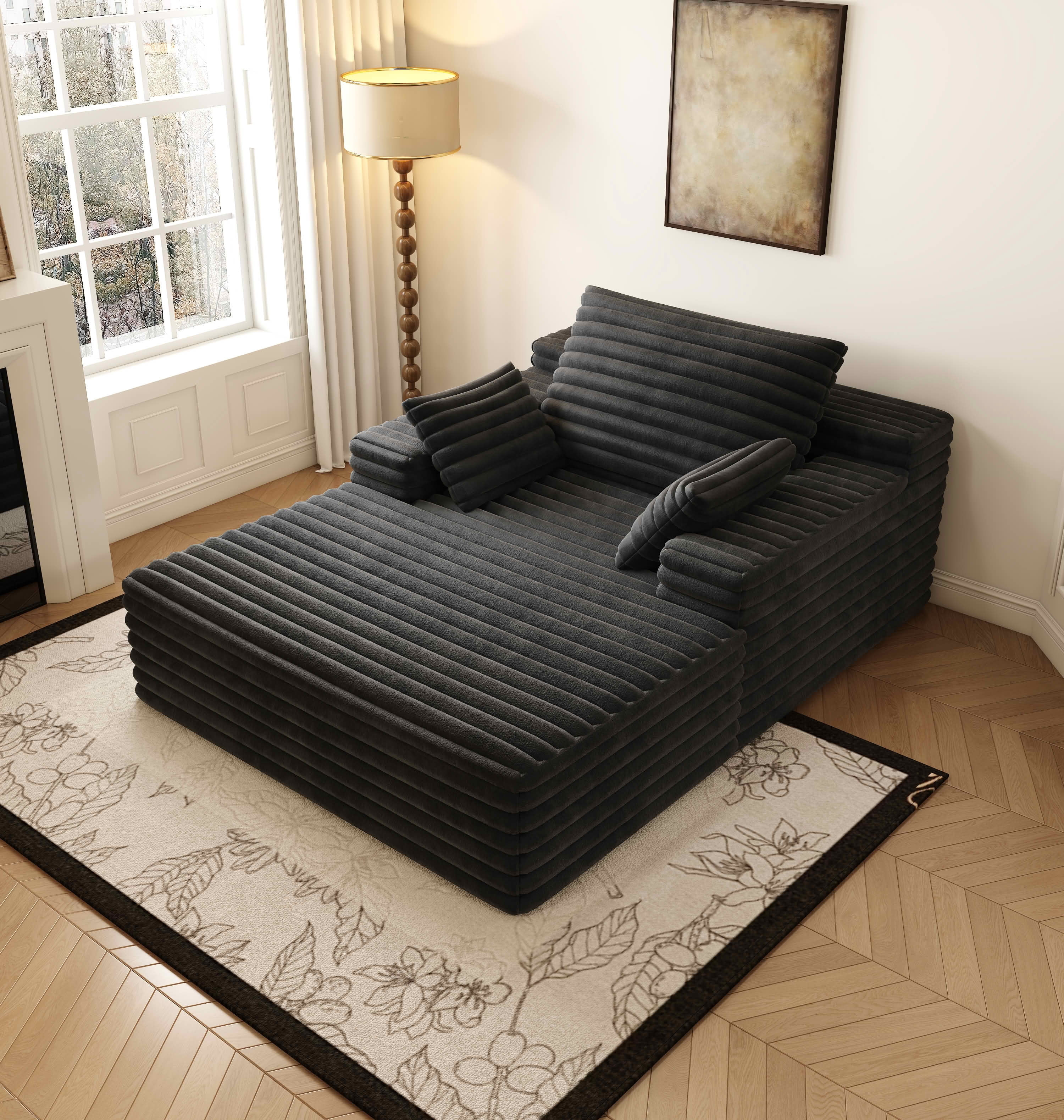 MAYEERTY 63" Black Oversized Indoor Chaise Lounge, Plush Sleeper Couch with Velvety Corduroy, No Assembly – Ideal for Napping & Movie Nights