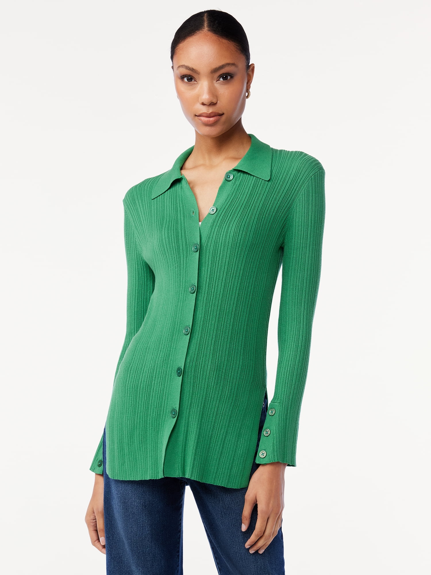 Scoop Women's Knit Button Front Shirt with Collar