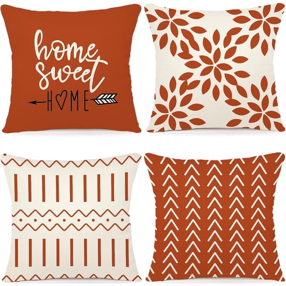 Fall Pillow Covers 18x18 Set of 4, Modern Sofa Throw Pillow Cover for Fall Decor, Decorative Outdoor Linen Fabric Pillow Case for Couch Bed Car, Burnt Orange
