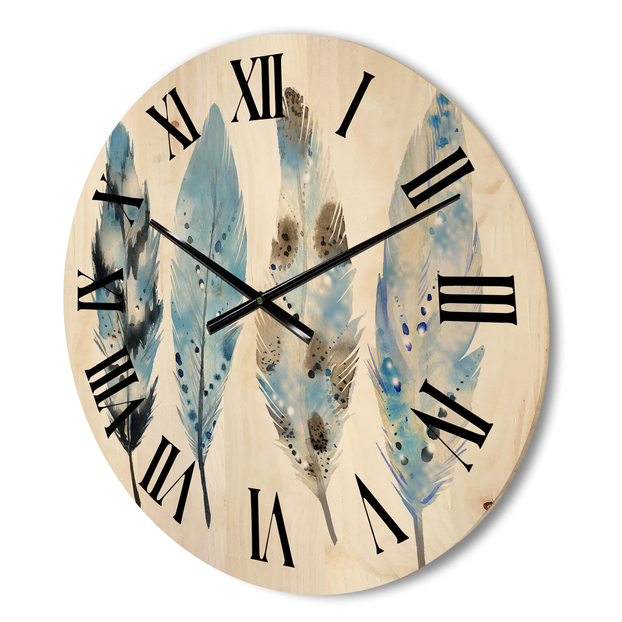 Designart 'Abstract Blue Boho Feathers I' Bohemian & Eclectic Wood Wall Clock