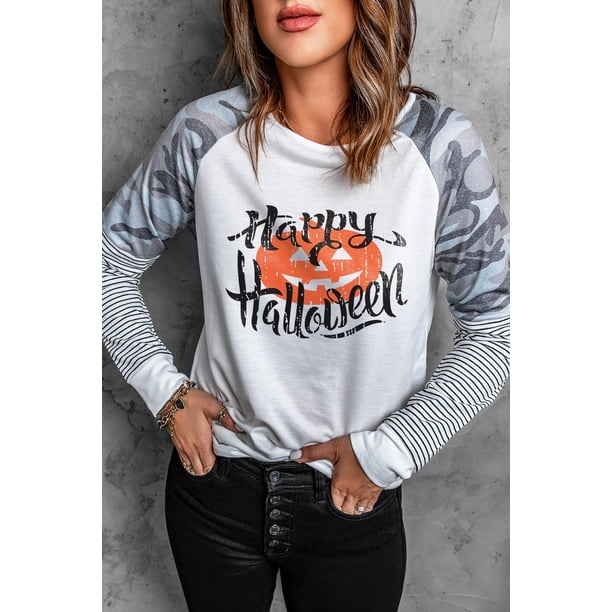 ABPHQTO Top de manga larga con rayas de camuflaje y calabaza beige Happy Halloween para mujer