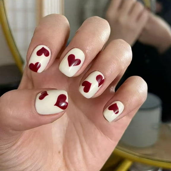 24Pcs Valentine's Day Press on Nails Short Square Fake Nails White Nails with Red Heart Full Cover Glue on Nails Artificial Thick Nails Design Valentines False Nails for Women Girls Acrylic Nails Red